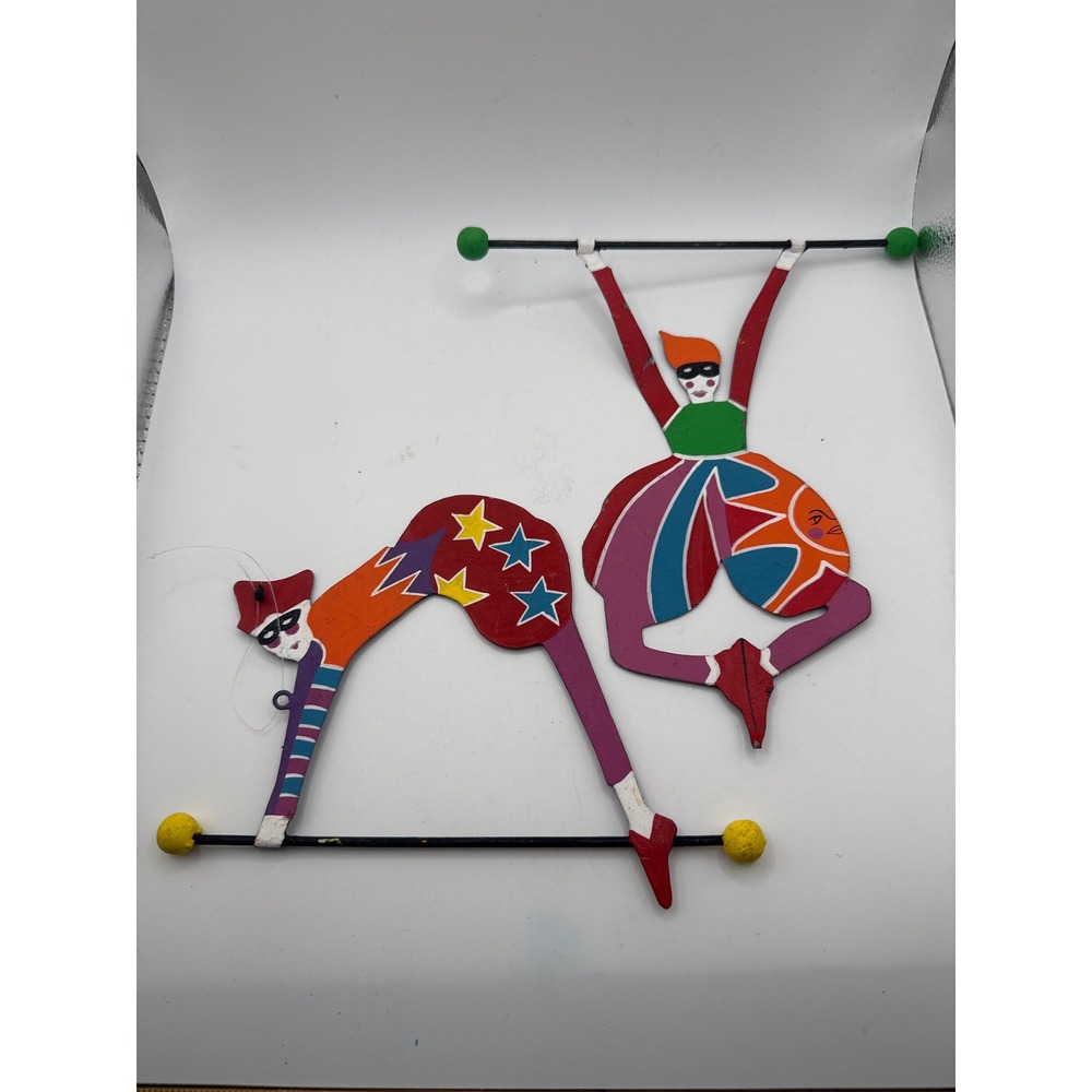 Vintage Cirque Du Soleil Acrobat Clown Metal Handpainted Christmas Ornaments 2pc
